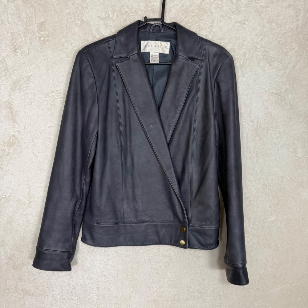 Doncaster Navy Blue Leather Wrap Jacket‎ Snap Button Buckle Back Womens Lined